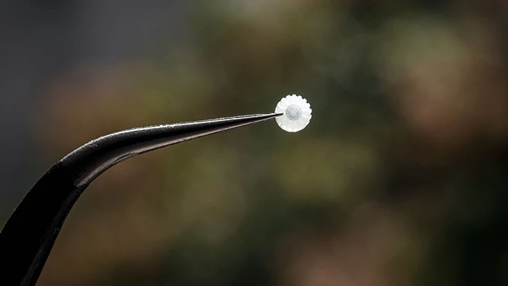 A micro-gear made from ABS used in an inkjet wide-format industrial 2D printer. Part size 1.3mm x 1.3mm x 0.4mm, print time 35 minutes, and print layer 2 microns.