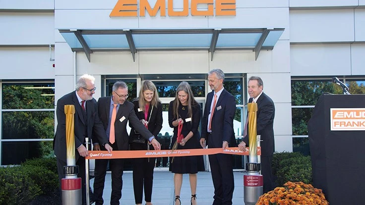 Emuge grand opening ribbon cutting (from left to right): Thomas Zeus, EMUGE-Franken Technical Director; Thomas Pompe, EMUGE-Franken Board Member; Connie Pompe, EMUGE-Franken Shareholder; Ulrike Glimpel-Knienieder, EMUGE-Franken Shareholder; Gerhard Knienieder, EMUGE-Franken Managing Director; Bob Hellinger, Emuge Corp. President