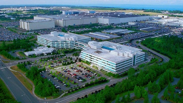 File photo of Boeing's Everett, Washington site – home of the 747, 767, 777 and 787 – is approximately 1,025 acres (415 hectares), including 215 acres (86 hectares) of paved yards and parking, and 282 acres (113 hectares) of building area.