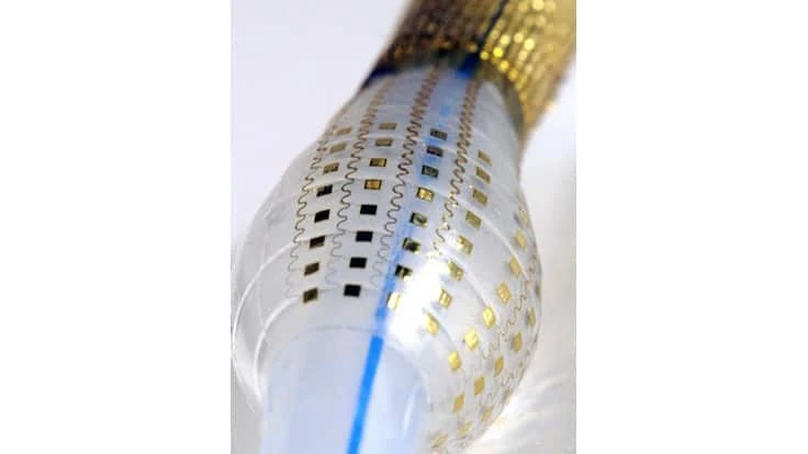 Seen here, a conformal array of electrodes affixed to an inflated balloon catheter