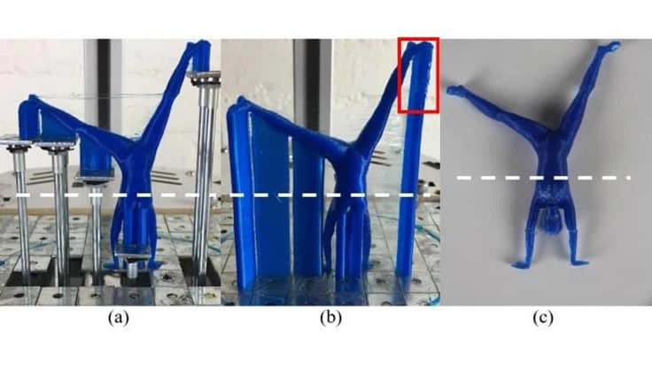 A dynamically controlled base for 3D printing (left) will reduce the need for printed supports (center), cutting waste and saving time.