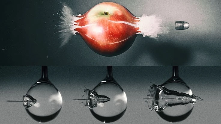 New study on water jets impacting liquid droplets resembles Harold “Doc” Edgerton’s high-speed photos of a bullet fired through an apple. Analysis could help tune needle-free injection systems.