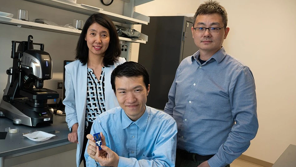 Rice University neuroengineers (from left) Lan Luan, Hanlin Zhu and Chong Xie have created a 3D array of more than 1,000 electrodes that can simultaneously record the millisecond-scale evolution of electrical pulses in tens of thousands of neurons in a living brain.