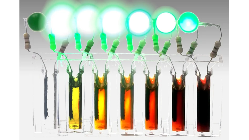 Time-lapse series of images shows the new type of battery becoming fully discharged over a period of days. In the process of discharging, the new "catholyte" material in the battery cell gets chemically converted into a reddish compound, so the color gets darker the more it discharges.