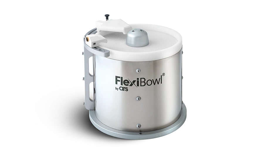 Image of ARS Automation’s FlexiBowl 200 – silver cylinder, white top – says flxibowl by ars on the outside