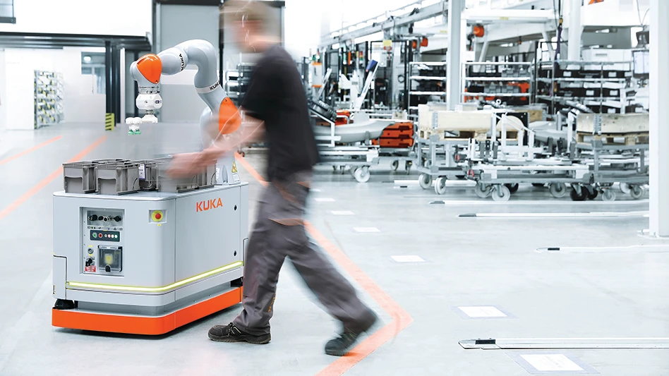 Autonomous mobile robots (AMRs), such as KUKA’s KMR iiwa, can take on a variety of tasks in manufacturing facilities.